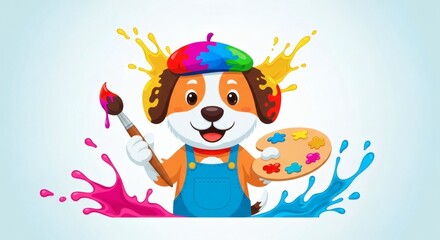 Fototapeta premium Adorable Dog Clipart A Colorful Cartoon Illustration of a Happy Canine Artist with Paintbrush and Palette