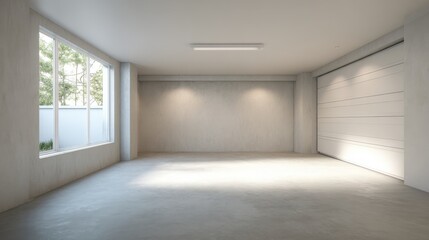 Empty Modern Garage Interior with Natural Light, Concrete Floor, and White Walls for Vehicle Storage