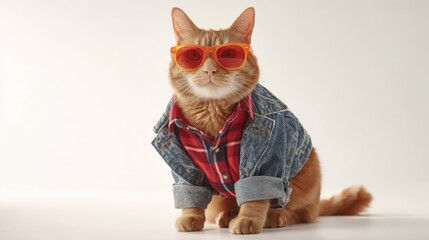 Naklejka premium Fashionable Ginger Cat Portrait: Wearing Sunglasses, Denim Jacket, and a Plaid Shirt on White Background