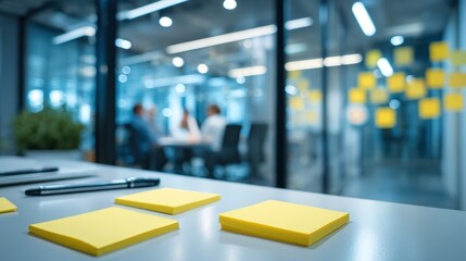 Obraz premium Modern Business Conference Room with Sticky Notes and Blurred People Meeting for Brainstorming