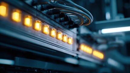 Illuminated Data Center Equipment with Cables and Connected Ports, Technology Infrastructure Concept