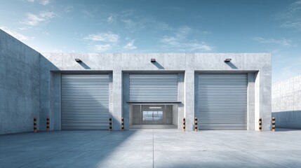 Fototapeta premium Warehouse Loading Bay with Closed Roller Shutters and Concrete Facade under a Bright Blue Sky