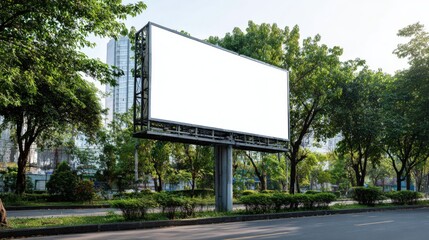 Fototapeta premium Blank Billboard Mockup Surrounded by Lush Greenery in Urban Setting, Ready for Advertising Campaign