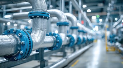 Industrial Pipeline System with Blue Flanges and Metal Pipes for Gas, Water, and Oil Transport