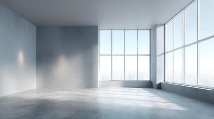 Bright, modern office space with large windows and polished concrete floors, showcasing minimalist interior design.