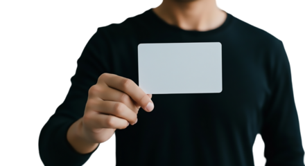 Man holding blank card presentation business card template design identity mockup advertising on transparent background