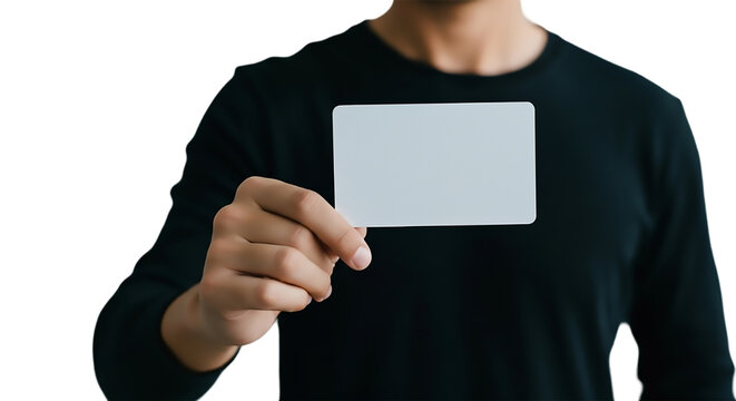 Man holding blank card presentation business card template design identity mockup advertising on transparent background