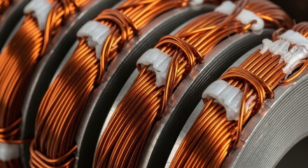 Copper Windings: Close-Up of Electric Motor Stator with White Plastic Fasteners