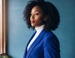 Confident African woman in blue blazer gazing sideways in soft daylight