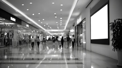 Blurred Black and White Mall Interior with Shoppers and a Blank Billboard Display