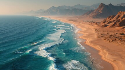 Naklejka premium Scenic deserted ocean beach, coastal landscape with majestic mountains at sunrise
