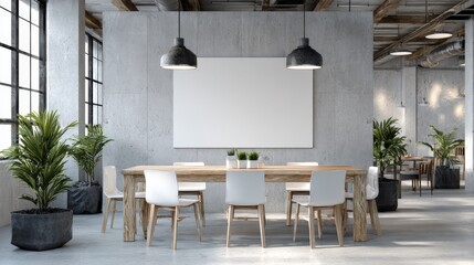 Fototapeta premium Modern Office Interior with Conference Table, Blank Canvas, Potted Plants, and Natural Light for Business Meetings