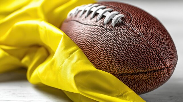 American football and penalty flag still life, symbolizing fouls, sportsmanship, and game strategy