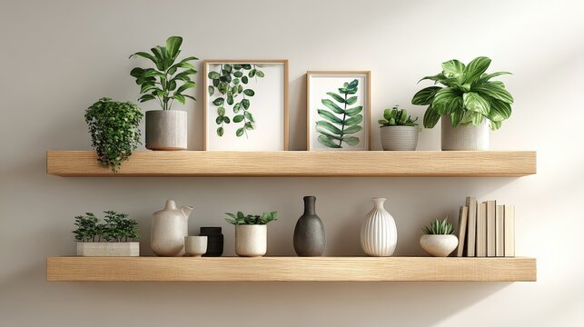 Stylish Home Decor: Two Shelves Featuring Green Plants, Art, Vases, and Books for Interior Design