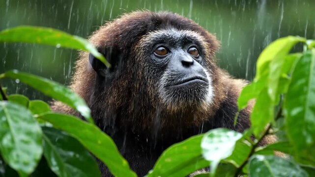 Close-up of a howler monkey in the rainforest during a downpour, looking directly at the camera.