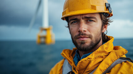 Engineer in yellow safety gear at offshore wind farm with turbine and ocean backdrop on cloudy day