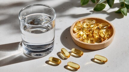 Glass of water and vitamin d fish oil capsules on sunlit white surface with greenery, healthy life concept