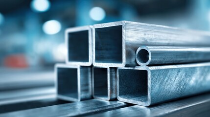 Metal Square and Round Tubing Stacked for Construction, Industrial Manufacturing, or Engineering Projects in a Blue Toned Environment