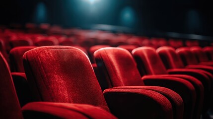 Obraz premium Rows of Empty Red Seats in a Movie Theater or Auditorium, Ready for an Audience