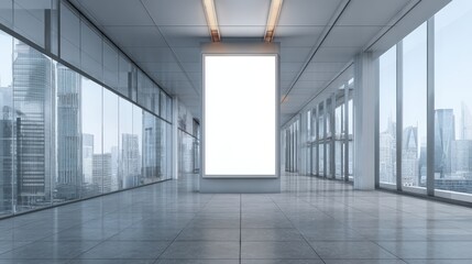 Fototapeta premium Modern Office Interior with Blank Billboard Mockup Display and Cityscape View for Advertising