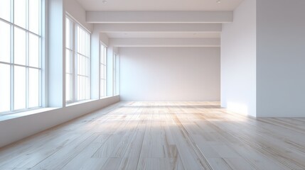 Fototapeta premium Bright, Spacious Empty Room with Large Windows and Wooden Floor, Ideal for Modern Interior Design