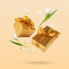 Gift boxes, flowers and petals flying in air on beige background