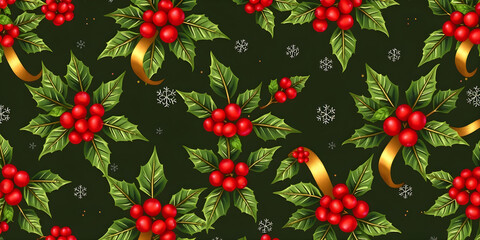 A repeating pattern of holly leaves and red berries intertwined with golden ribbons, subtle snowflakes in background, traditional festive motif.