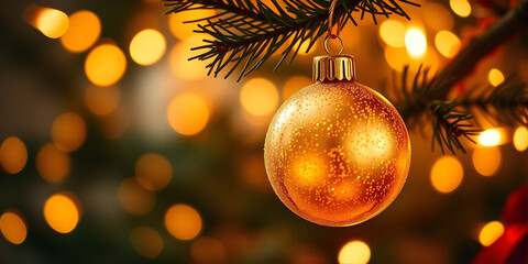 A close-up of a glowing golden Christmas ornament hanging on a pine branch, surrounded by twinkling fairy lights and soft bokeh sparkles, warm golden tones, cinematic lighting, festive ambiance.