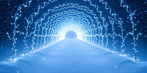 A long tunnel of white and blue LED lights covered in softly falling snow, frosty winter ambience, glowing icy reflections, peaceful and serene.