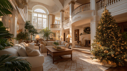 Fototapeta premium Elegant Holiday Living: An expansive living room adorned for the festive season, blending opulence with yuletide cheer, showcasing a grand christmas tree, and inviting comfort.