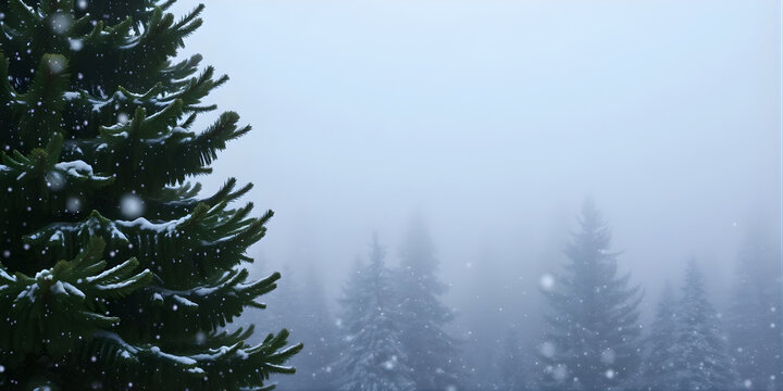 Falling snowflakes drifting over a dense pine forest, misty atmosphere, gentle white flakes catching light, serene winter landscape.