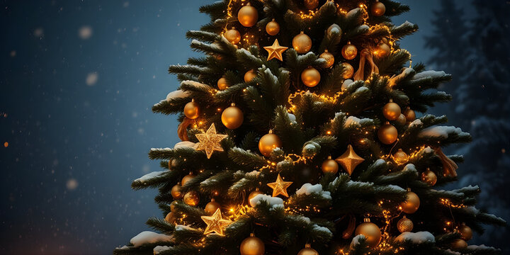 A tall pine tree decorated with golden ornaments, twinkling fairy lights, and glowing stars, surrounded by softly falling snow, warm festive glow, cinematic lighting.