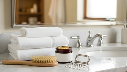Fototapeta premium Bathroom essentials white towels and skincare products
