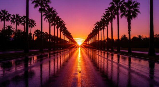 Vibrant sunset over a palm tree lined street reflecting in wet pavement - Powered by Adobe