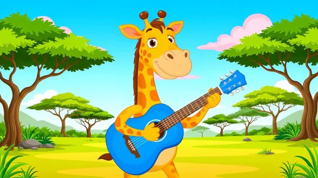 Cartoon giraffe playing guitar outdoors in sunny environment