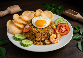 Nasi goreng, Indonesian fried rice, is served on a white plate with a fried egg, shrimp, crackers, cucumber, and tomato slices.