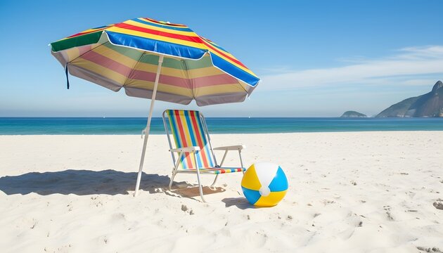 Beach scene with umbrella chair and ball summer vacation