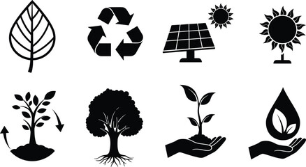 Eco icons set, sustainability symbols, green energy, recycling, solar panel, leaf, nature conservation, environmental protection, renewable resources, clean energy illustration