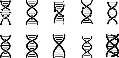 DNA double helix icon set, genetic structure illustration, molecular biology vector collection, biotechnology and genome research concept design