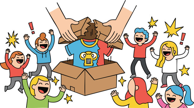 Children Excitedly Unboxing Clothes From A Cardboard Box With Hands Helping Open The Package In A Cheerful Celebration