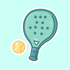 Blue-Green Padel Racket and Ball Sticker for Sports Equipment Isolated Vector Flat Illustration