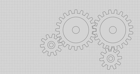 2D Technical Drawing of Cogwheel Mechanism. Engineering, Teamwork, and Process Concept with Copy Space.. 3d