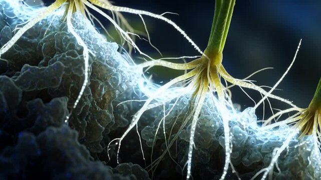 Microscopic View of Plant Roots with Mycorrhizal Fungi Symbiosis.