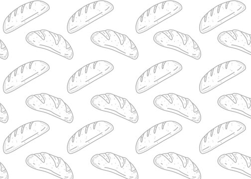 Seamless doodle pattern featuring hand-drawn bread loaves in a simple grey and white style. Perfect for bakery packaging, cafe branding, kitchen textiles, or food-themed backgrounds.