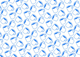 Seamless pattern with minimal line art coffee mugs in blue and white. Clean and modern design ideal for coffee shop branding, packaging, stationery, or wallpaper backgrounds.