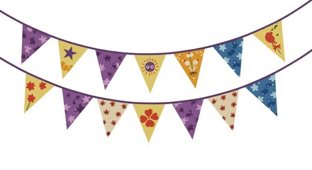 Fototapeta premium Playful patterned bunting flags in bright cheerful colors happily adorn a scene perfect for a birthday or party celebration. AI Generated