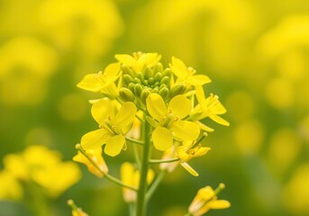 Obraz premium Macro view of brilliant yellow canola flowers blooming under bright sunlight.