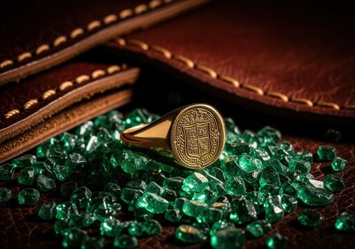 Luxurious gold signet ring with engraved coat of arms resting on rough emeralds