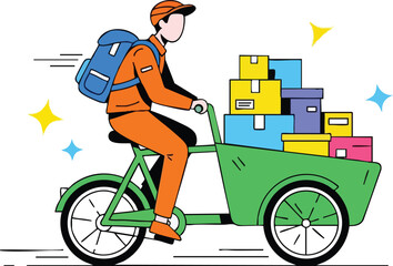 Delivery Person Riding Cargo Bike Laden With Colorful Boxes In A Whimsical Setting With Sparkles
