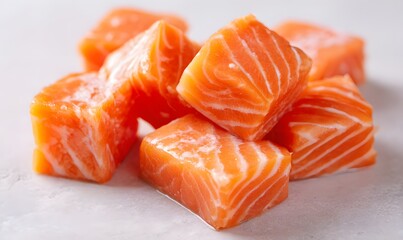 The salmon pieces are glossy, moist, and vibrant orange with visible marbling and smooth texture